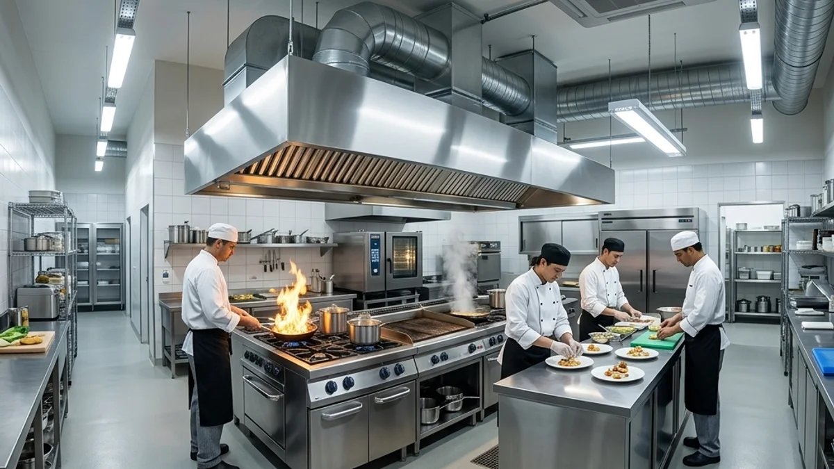 Cozinhas residenciais — Conserto de Geladeira. Interior de uma cozinha industrial moderna no Brasil, destacando equipamentos de aço inox e ambiente perfeitamente climatizado para as equipes.