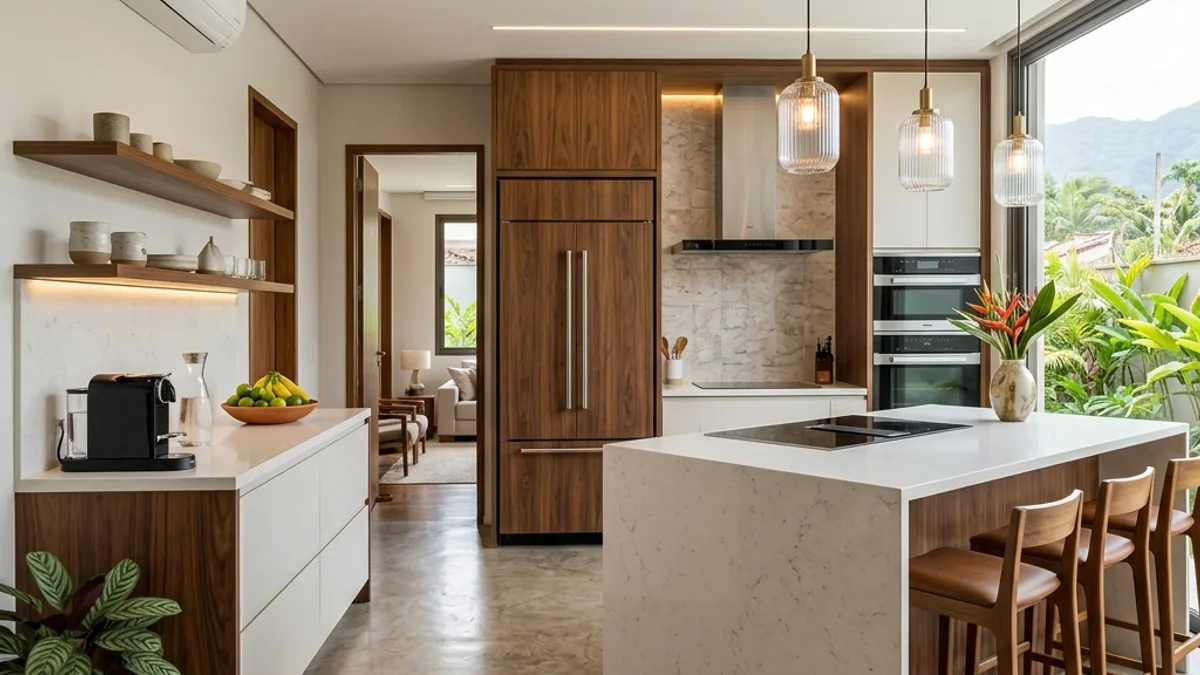 Cozinhas. Interior de uma cozinha residencial moderna e de alto padrão no Brasil, com eletrodomésticos elegantes e ar-condicionado garantindo conforto térmico ideal