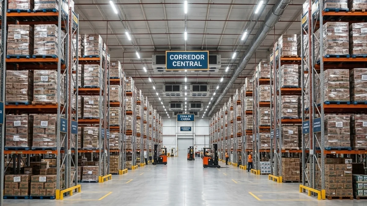 Distribuidoras — Conserto de Câmara Fria. Interior de um amplo galpão de distribuidora no Brasil, mostrando prateleiras organizadas e sistema robusto de climatização industrial.