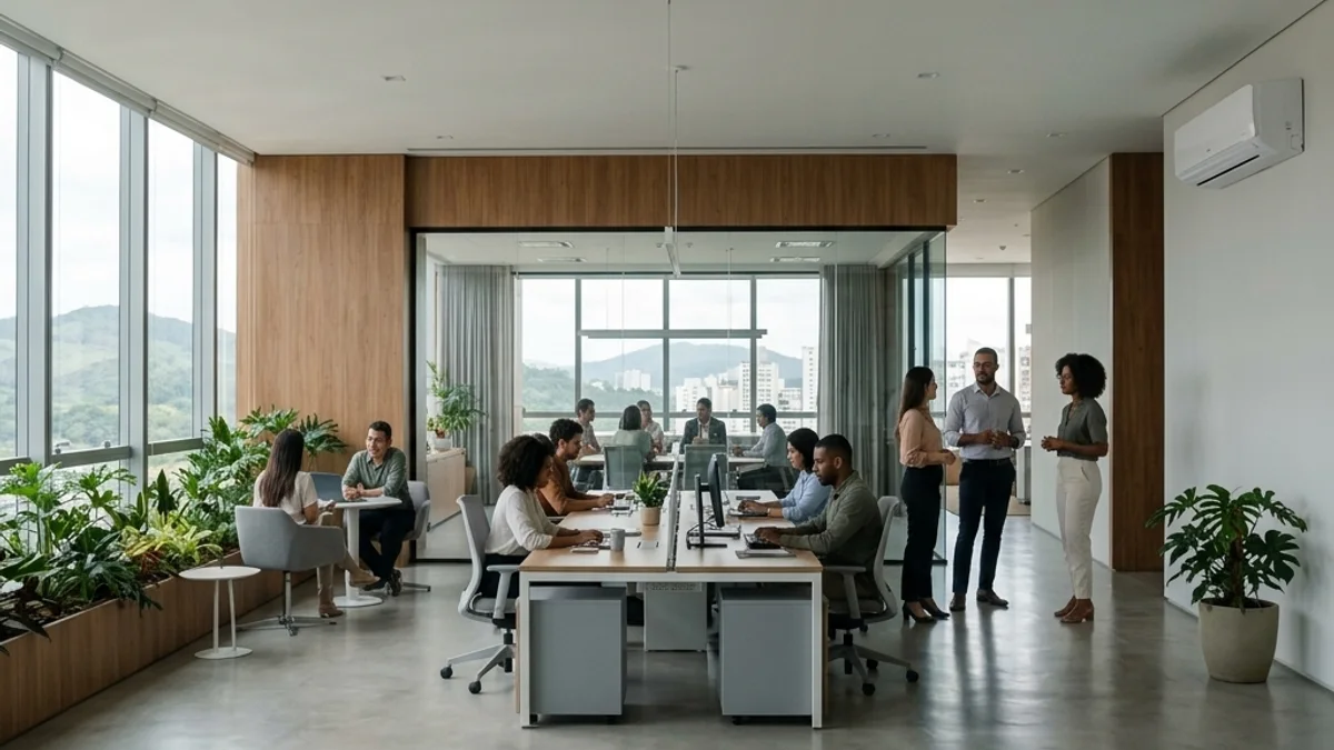 Empresas e escritórios — Manutenção de Ar Condicionado. Interior de uma empresa corporativa moderna no Brasil, com amplo espaço de trabalho bem iluminado e ambiente climatizado garantindo produtividade.