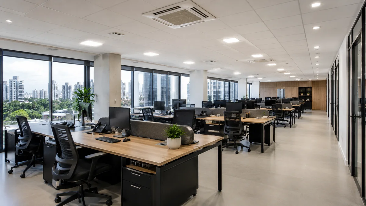 Escritórios — Instalação de Ar Condicionado. Interior de um escritório comercial moderno no Brasil, espaçoso e bem iluminado, mostrando mesas de trabalho e ar-condicionado discreto.