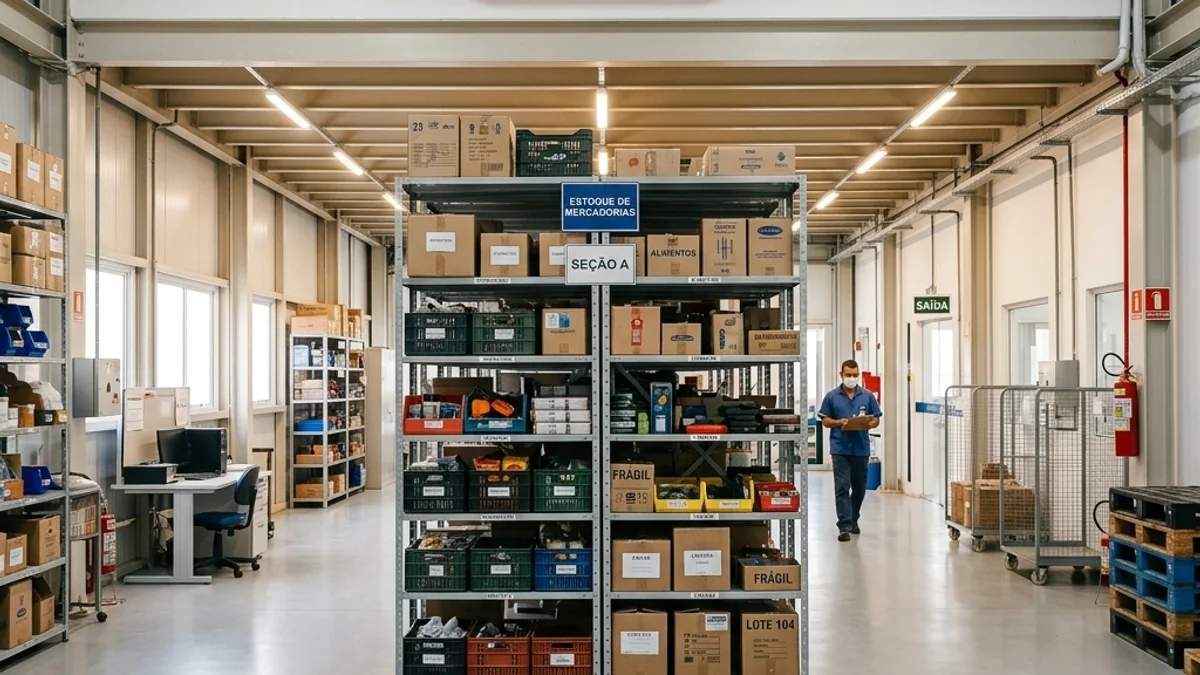 Operações com estoque — Carga de Gás de Câmara Fria. Interior de um estoque comercial organizado no Brasil, mostrando prateleiras repletas de mercadorias e um ambiente adequadamente climatizado.
