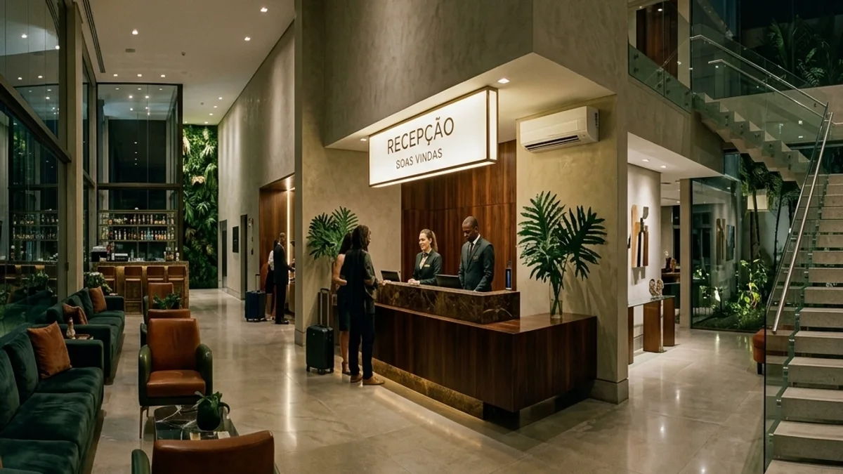 Hotéis e hospedagens — Conserto de Câmara Fria. Lobby elegante de um hotel moderno no Brasil, com amplo espaço de recepção bem iluminado e ambiente climatizado garantindo conforto aos hóspedes.