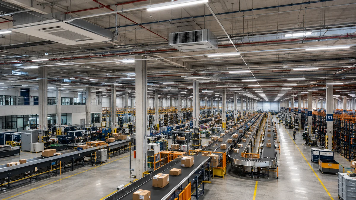 Logística e estoque — Manutenção de Câmara Fria. Interior de um moderno centro de logística no Brasil, mostrando esteiras, pacotes organizados e um sistema de climatização industrial no teto.