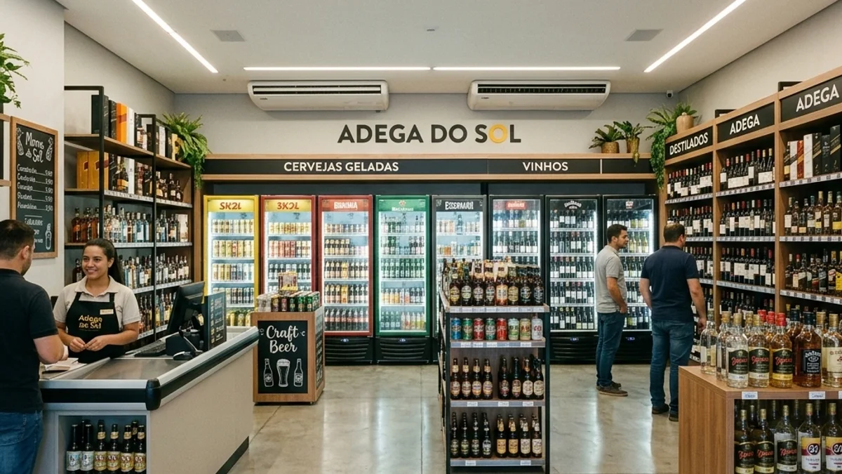 Operações com bebidas — Carga de Gás de Expositor Refrigerado. Interior de uma loja de bebidas moderna no Brasil, com paredes repletas de expositores refrigerados e um ambiente limpo e totalmente climatizado.