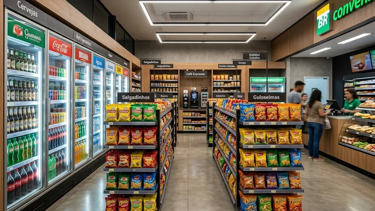 Conveniências — Conserto de Expositor Refrigerado. Interior de uma loja de conveniência moderna no Brasil, com prateleiras organizadas, parede de expositores de bebidas e ambiente climatizado.