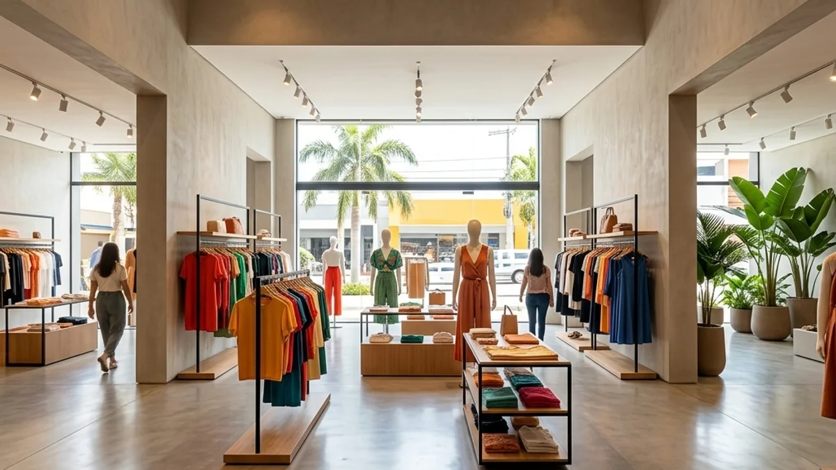 Lojas e comércios — Manutenção de Ar Condicionado. Interior de uma loja varejista moderna no Brasil, com corredores amplos e ambiente bem iluminado e climatizado para conforto dos clientes.