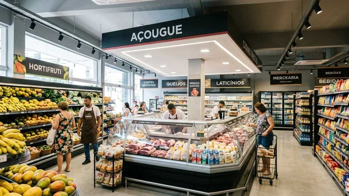 Mercadinhos — Conserto de Freezer. Interior de um mercado moderno no Brasil, destacando corredores de produtos frescos, balcões refrigerados e um ambiente totalmente climatizado.