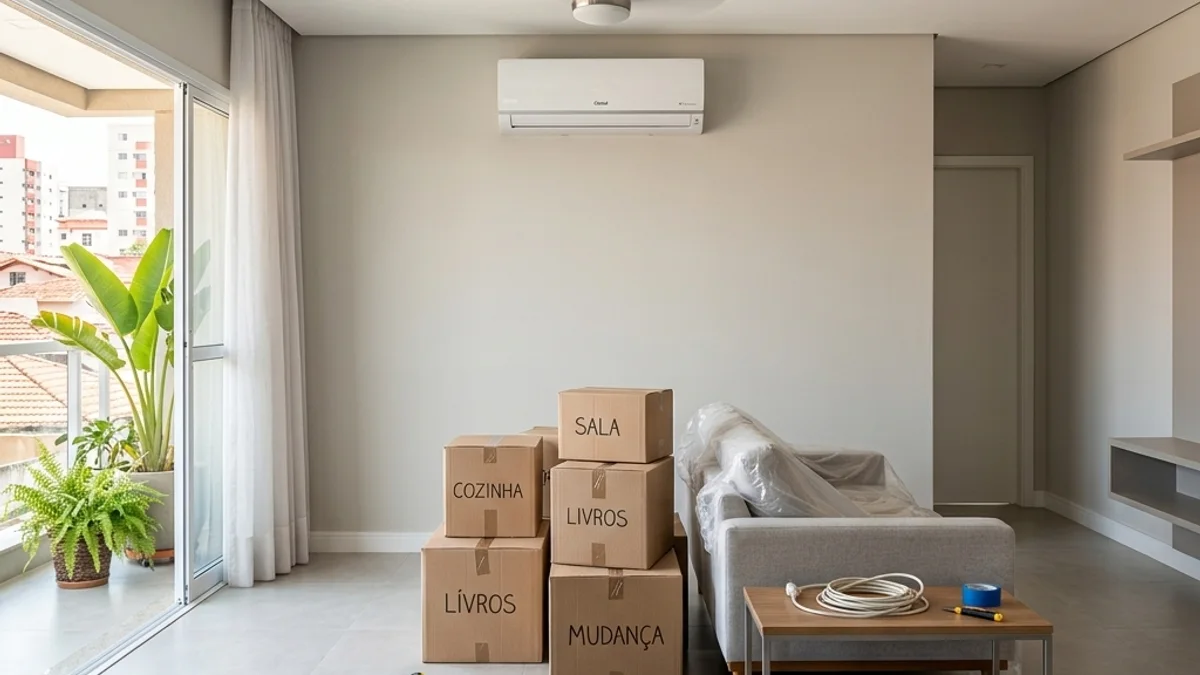 Mudanças e reformas — Instalação de Geladeira. Interior de uma casa moderna no Brasil em fase de mudança e reforma, com caixas organizadas e um novo ar-condicionado instalado na parede.