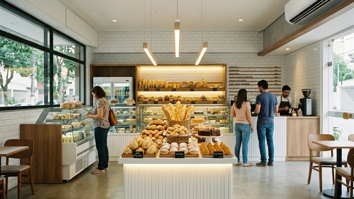 Padarias e mercados — Conserto de Geladeira. Interior de uma padaria moderna no Brasil com balcões de pães frescos, destacando o ambiente confortável e bem iluminado com ar-condicionado.