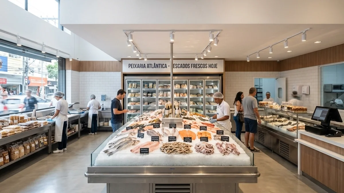 Peixarias — Conserto de Balcão Refrigerado. Interior de uma peixaria moderna no Brasil com balcões frigoríficos iluminados, destacando a higiene e o ambiente perfeitamente climatizado.