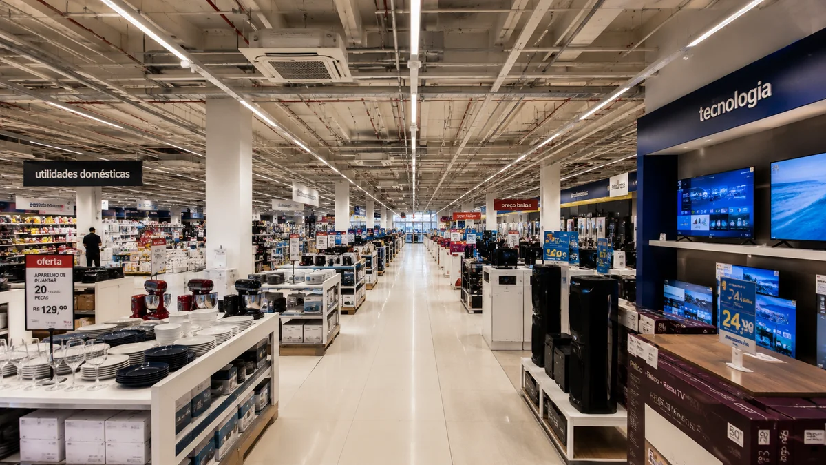 Redes e conveniências — Manutenção de Expositor Refrigerado. Interior de uma grande rede de varejo no Brasil, mostrando corredores amplos com produtos e um excelente sistema de climatização comercial.
