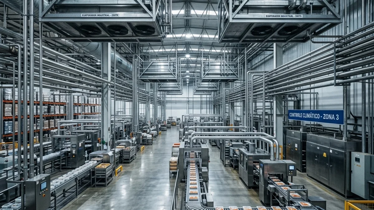 Indústrias alimentícias — Conserto de Câmara Fria. Instalação de climatização e refrigeração industrial de alta capacidade em galpão de processamento no Brasil, mantendo controle térmico rigoroso e seguro.