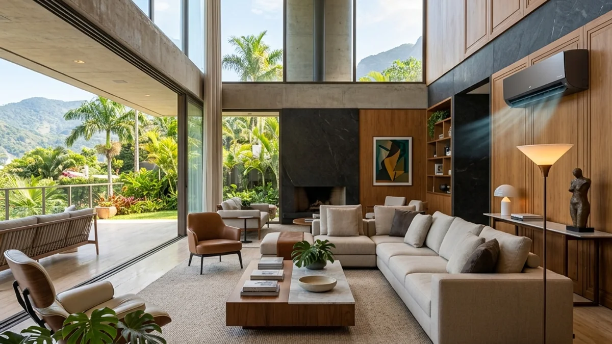 Residências — Manutenção de Ar Condicionado. Interior de uma sala de estar residencial moderna e de alto padrão no Brasil, com decoração elegante e ar-condicionado garantindo conforto térmico ideal.
