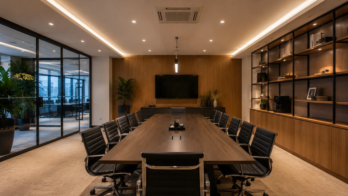 Salas e quartos — Limpeza de Ar Condicionado. Interior de uma sala comercial e de reuniões moderna no Brasil, destacando o ambiente confortável, bem iluminado e perfeitamente climatizado.