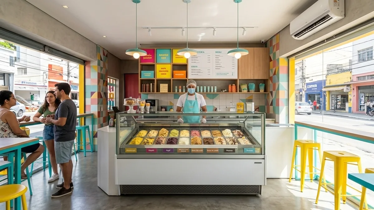Sorveterias — Conserto de Freezer. Interior de uma sorveteria moderna e colorida no Brasil, destacando os balcões de sorvete e o ambiente fresco e climatizado para os clientes.