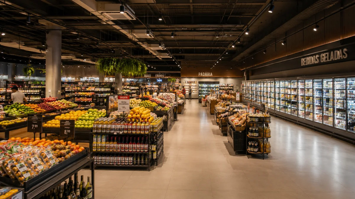 Supermercados — Conserto de Expositor Refrigerado. Interior de um grande supermercado moderno no Brasil, com corredores amplos, gôndolas cheias e ambiente totalmente climatizado para clientes.