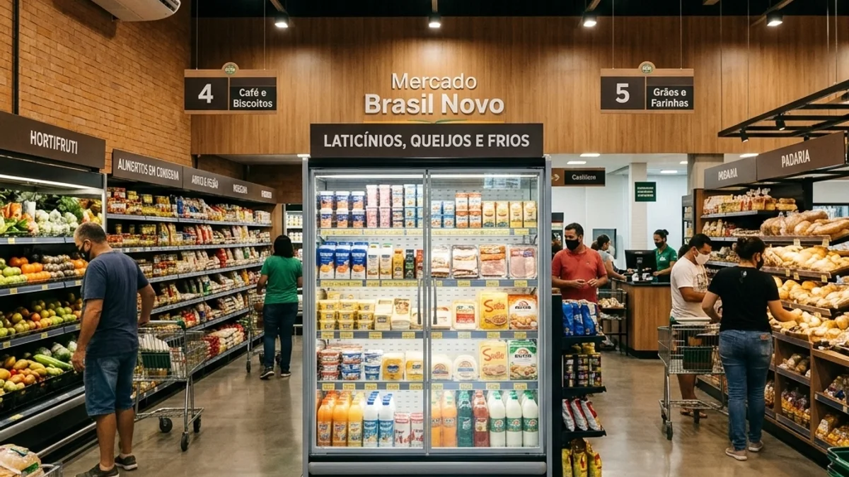 Varejo alimentício — Carga de Gás de Balcão Refrigerado. Interior de uma loja de varejo alimentício moderna no Brasil, com corredores organizados, seções refrigeradas e ambiente totalmente climatizado.
