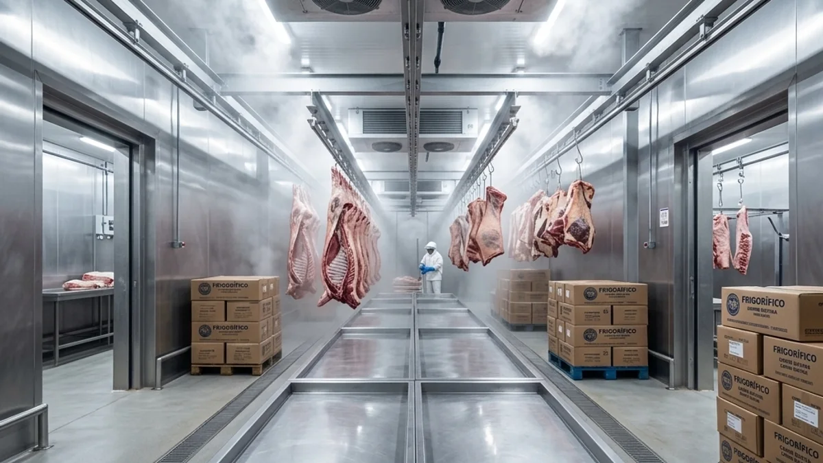 Frigoríficos — Conserto de Câmara Fria. Interior de uma câmara fria e frigorífico industrial no Brasil, mostrando equipamentos de aço inox e sistema de refrigeração de alta potência.