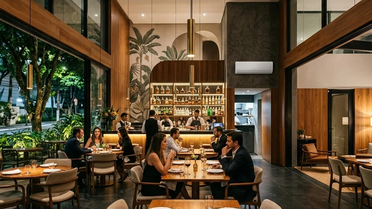 Restaurantes e lanchonetes — Conserto de Geladeira. Interior de restaurante e bar elegante e bem iluminado no Brasil, com amplo espaço climatizado garantindo total conforto para todos os clientes.