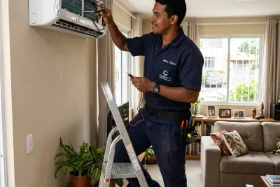 Técnico de refrigeração com capacete amarelo realizando manutenção em ar condicionado residencial